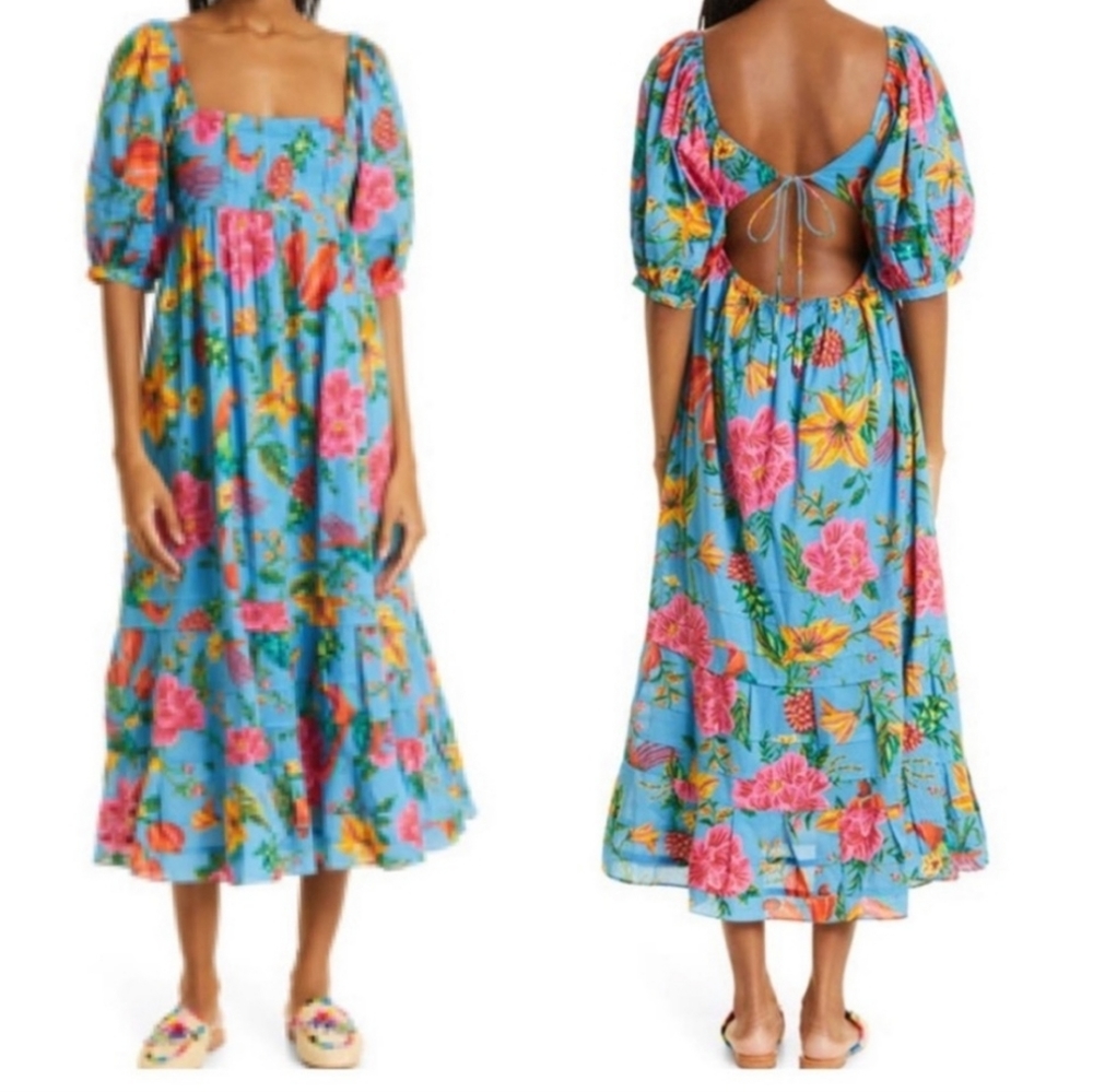 Farm Rio. Blue Print Toucans Garden Puff Sleeve Midi Dress Sz Small